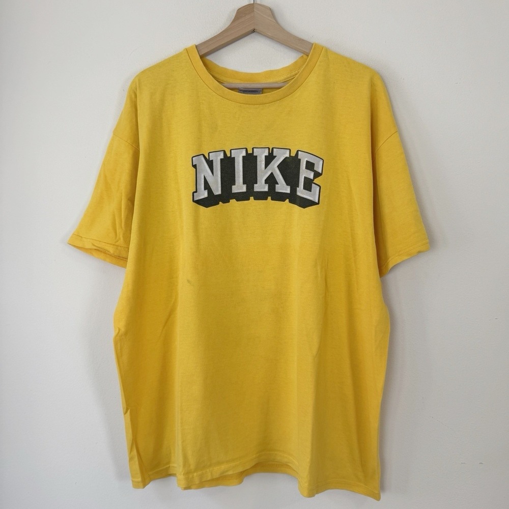Vintage Y2k Nike Swoosh Logo Spellout Graphic Yellow Tee Shirt - XL